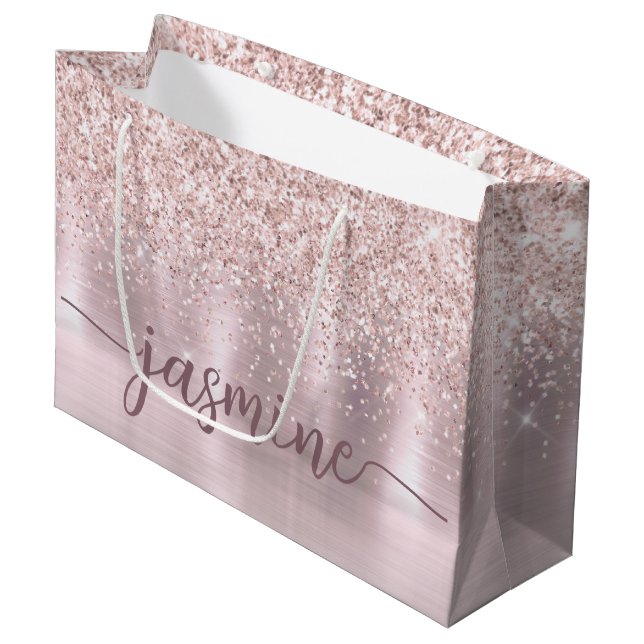 Girly Blush Rose Gold Glitter Monogram Name Script Large Gift Bag (Front Angled)