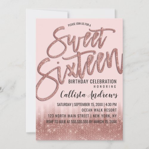 Girly Blush Rose Gold Glitter Typography Sweet 16 Invitation