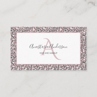 Girly Blush Rose Gold Leopard Spots White Monogram Business Card