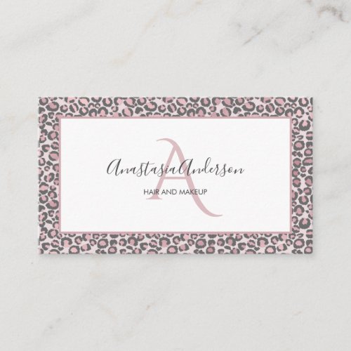 Girly Blush Rose Gold Leopard Spots White Monogram Business Card