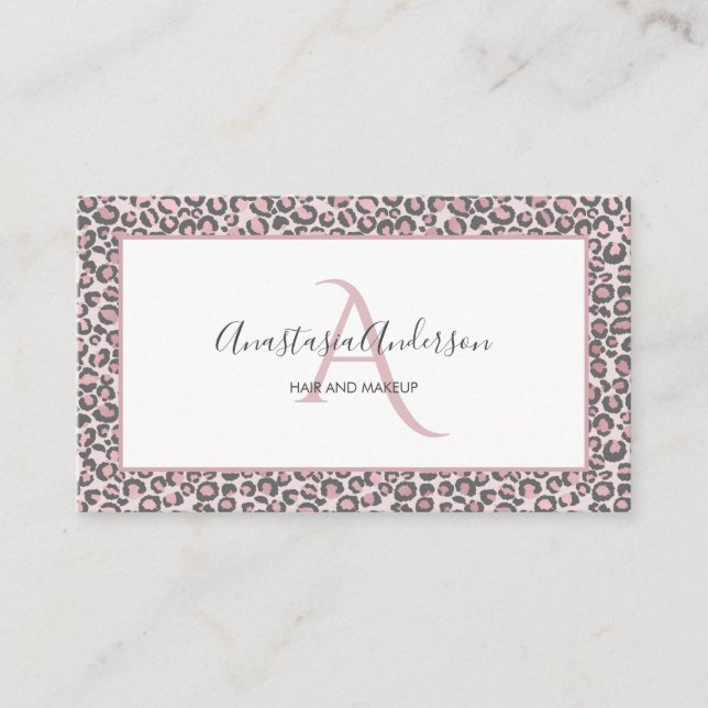 Girly Blush Rose Gold Leopard Spots White Monogram Business Card (Front)