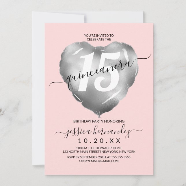 Girly Blush Silver Foil Heart Balloon Quinceañera Invitation (Front)