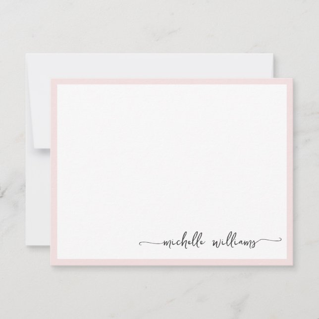 Girly Blush Stylish Monogram Name Signature Script Note Card (Front)