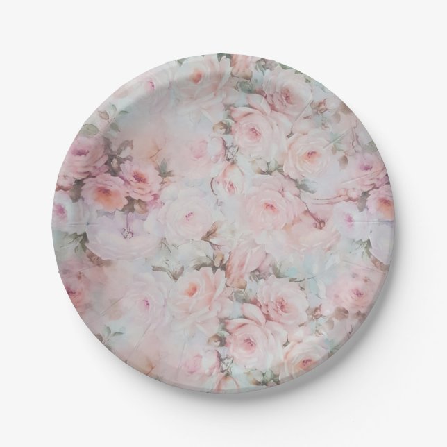 Girly blush tones pink boho country floral paper plates (Front)