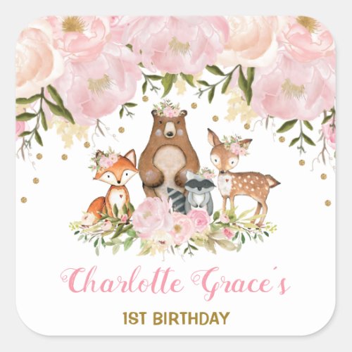 Girly Blush Woodland Birthday Floral Party Favors Square Sticker