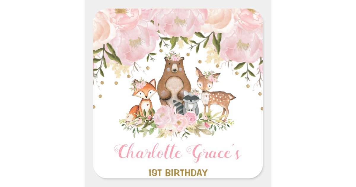 Girly Blush Woodland Birthday Floral Party Favors Square Sticker | Zazzle