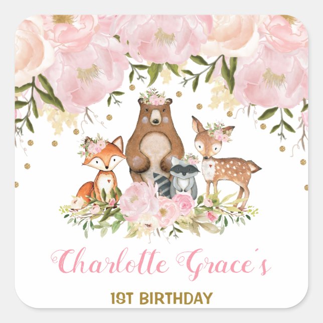 Girly Blush Woodland Birthday Floral Party Favors Square Sticker (Front)