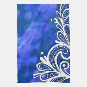 Girly bohemian chic blue floral white lace towel