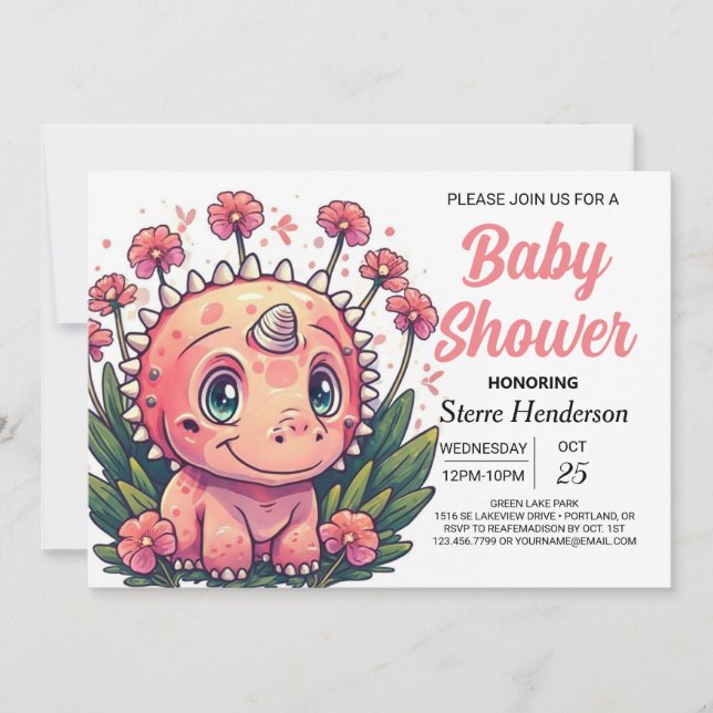 Girly Bohemian Dinosaur Girl Baby Shower Invitation (Front)
