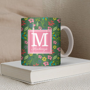 Girly Bohemian Flowers Forest Green Pink Monogram Coffee Mug