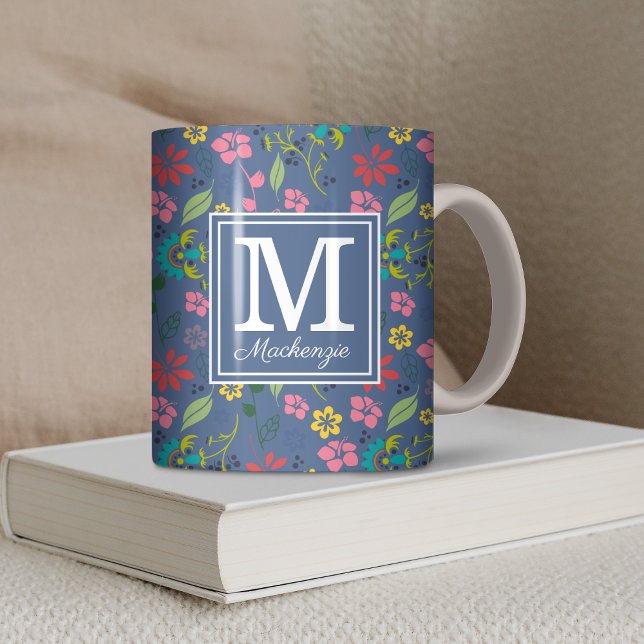 Girly Bohemian Flowers Monogram Coffee Mug (Girly Bohemian Flowers Blue Monogram Coffee Mug)