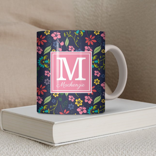 Girly Bohemian Flowers Navy Blue | Pink Monogram Coffee Mug (Girly Bohemian Flowers Navy Blue and Pink Monogram Coffee Mug)