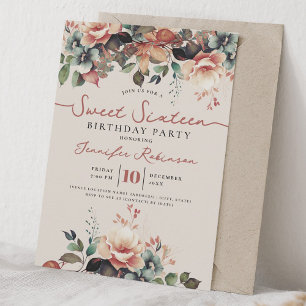 Girly Boho Fall Floral Sweet 16 Birthday Champagne Invitation