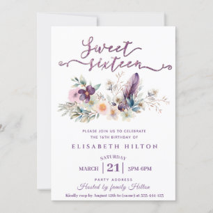 Girly boho floral Glitter typography sweet 16 Invitation