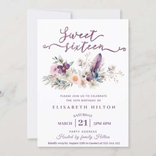  Girly boho floral Glitter typography sweet 16  Invitation