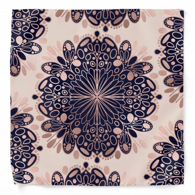 Girly Boho Rose Gold Blush Pink Navy Mandalas Bandana (Front)