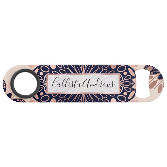 Girly Boho Rose Gold Blush Pink Navy Mandalas Bar Key (Front (Horizontal))