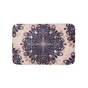 Girly Boho Rose Gold Blush Pink Navy Mandalas Bath Mat