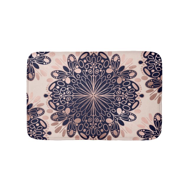 Girly Boho Rose Gold Blush Pink Navy Mandalas Bath Mat (Front)
