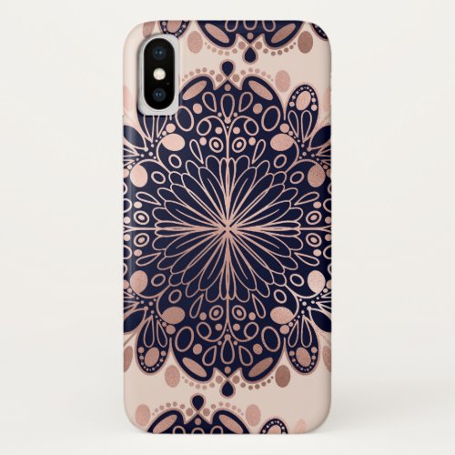 Girly Boho Rose Gold Blush Pink Navy Mandalas iPhone X Case