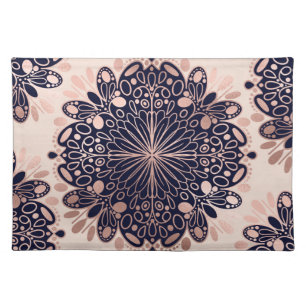 Girly Boho Rose Gold Blush Pink Navy Mandalas Cloth Placemat