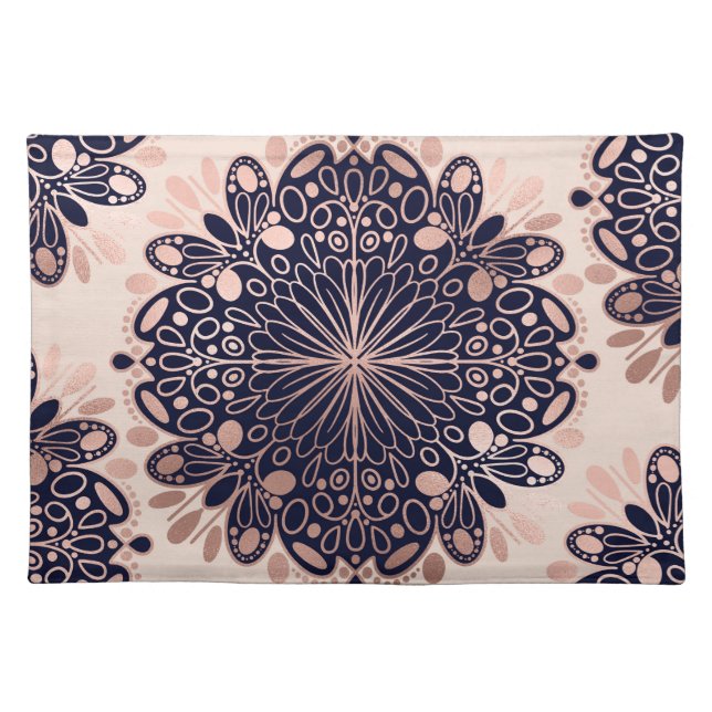 Girly Boho Rose Gold Blush Pink Navy Mandalas Cloth Placemat (Front)