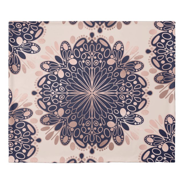 Girly Boho Rose Gold Blush Pink Navy Mandalas Duvet Cover (Front)