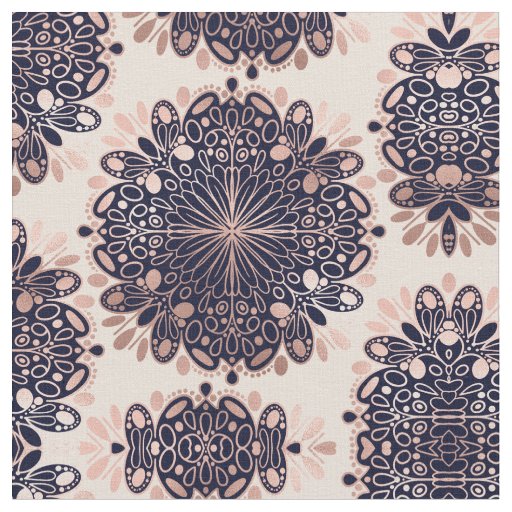 Girly Boho Rose Gold Blush Pink Navy Mandalas Fabric