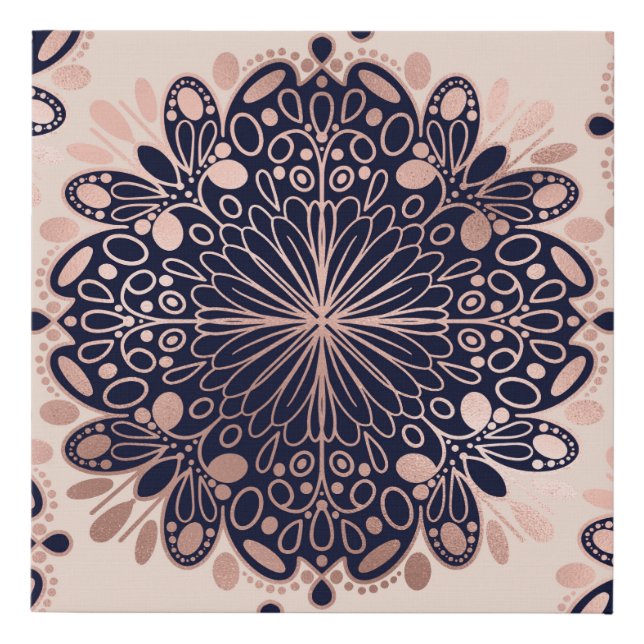 Girly Boho Rose Gold Blush Pink Navy Mandalas Faux Canvas Print (Front)