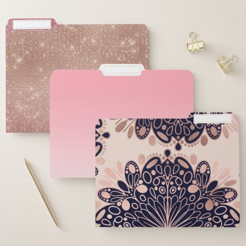 Girly Boho Rose Gold Blush Pink Navy Mandalas File Folder