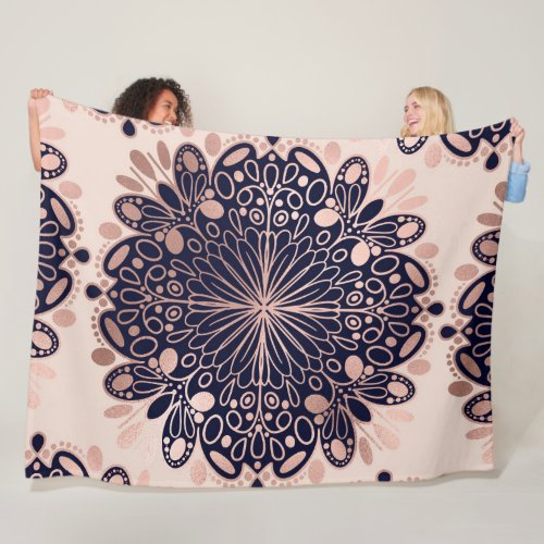 Girly Boho Rose Gold Blush Pink Navy Mandalas Fleece Blanket