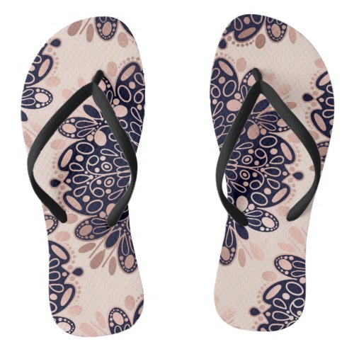 Girly Boho Rose Gold Blush Pink Navy Mandalas Flip Flops