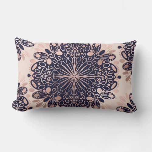 Girly Boho Rose Gold Blush Pink Navy Mandalas Lumbar Pillow