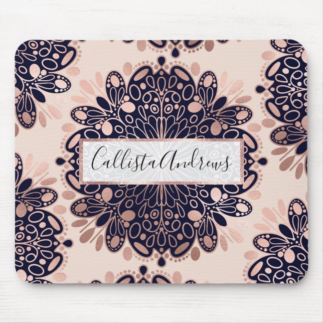 Girly Boho Rose Gold Blush Pink Navy Mandalas Mouse Pad (Front)