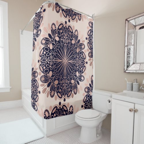 Girly Boho Rose Gold Blush Pink Navy Mandalas Shower Curtain