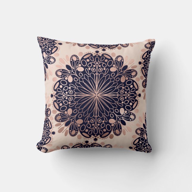 Girly Boho Rose Gold Blush Pink Navy Mandalas Throw Pillow (Front)