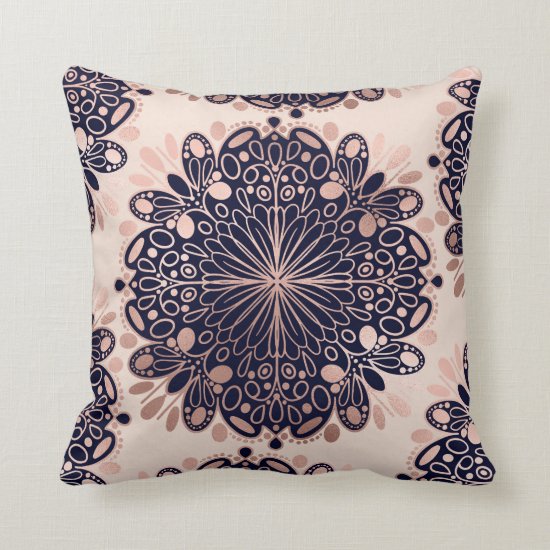 Girly Boho Rose Gold Blush Pink Navy Mandalas Throw Pillow