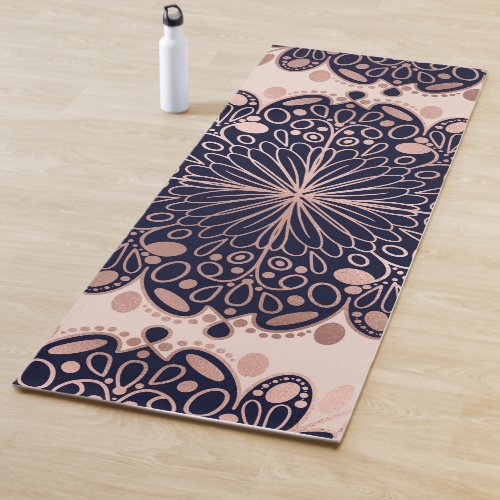 Girly Boho Rose Gold Blush Pink Navy Mandalas Yoga Mat