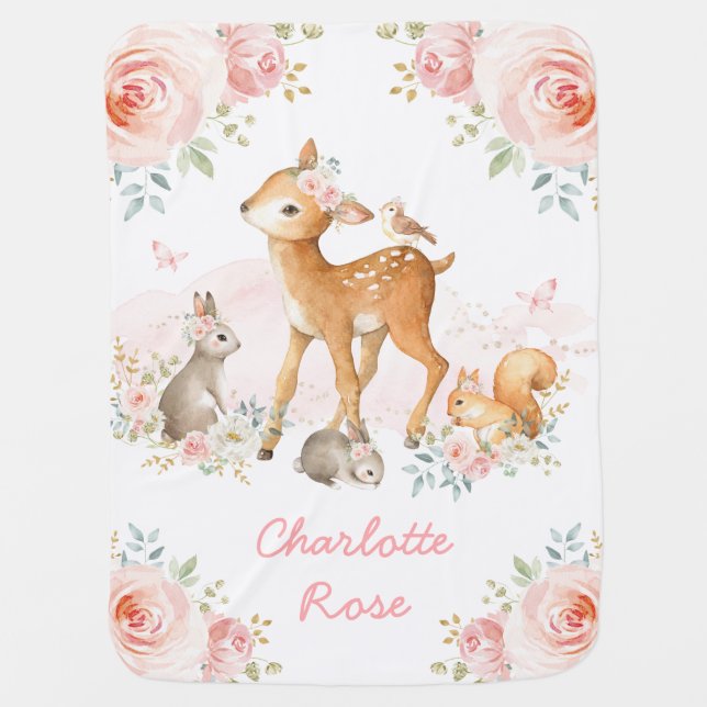 Girly Boho Woodland Pink Floral Deer Bunny Nursery Baby Blanket (Front)