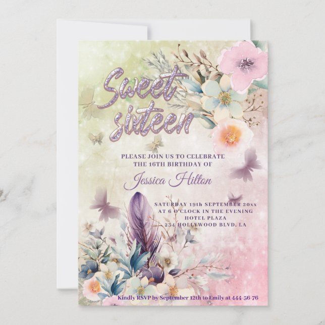 Girly bokeh Butterfly boho floral sweet sixteen Invitation (Front)