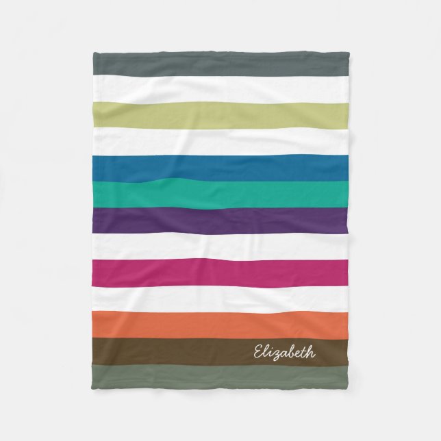 Girly Bold Rainbow Big Horizontal Stripes and Name Fleece Blanket (Front)