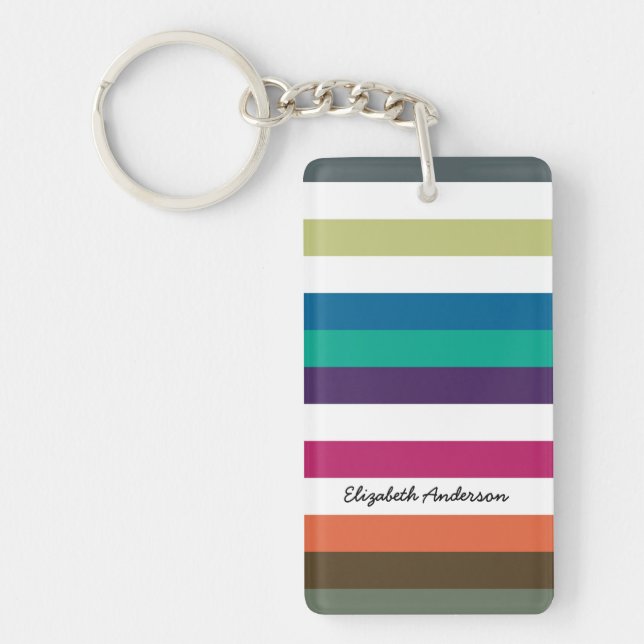 Girly Bold Rainbow Big Horizontal Stripes and Name Keychain (Front)