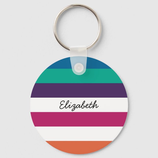 Girly Bold Rainbow Big Horizontal Stripes and Name Keychain (Front)