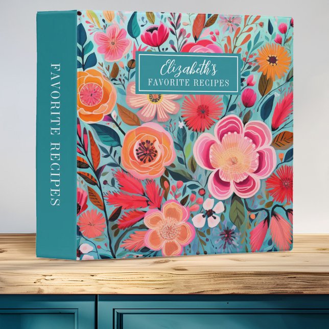 Girly Botanical Floral  3 Ring Binder (A pretty colorful floral recipe binder. Personalize it with your name. Makes a great gift!)