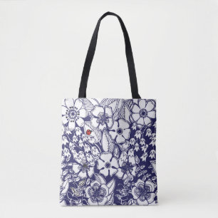 Girly Botanical Shalom Blue White Garden Drawing Tote Bag