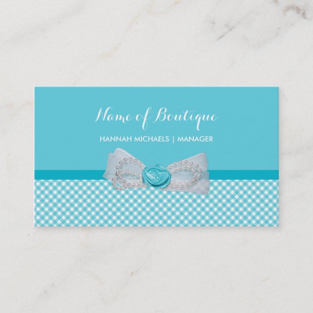 Girly Boutique Aqua Gingham Cute Pearls Rose Bow Business Card (Front)
