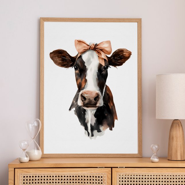 Girly Bow Brown and White Cute Cow Portrait Poster (Girly Bow Brown and White Cute Cow Portrait Poster)