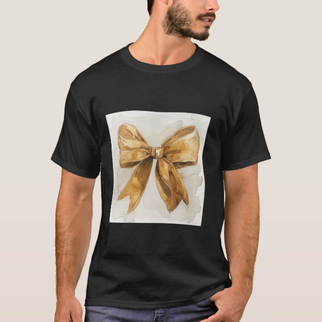 Girly Bow in Watercolor coquette Aesthetic golden  T-Shirt (Front)