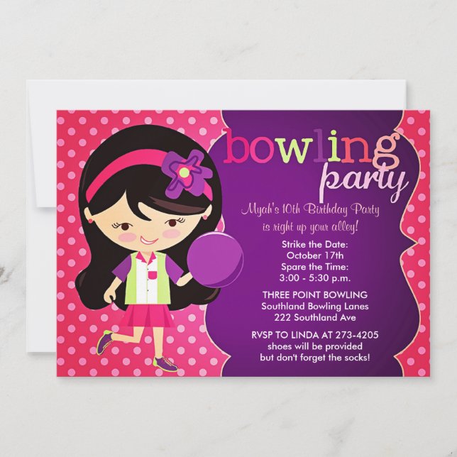 Girly Bowling Birthday Party Invitation (Front)