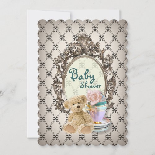 girly bows teddy bear baby shower invitations